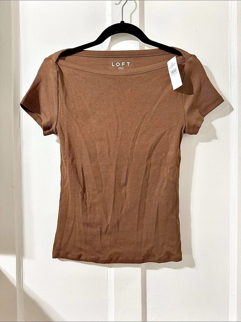LOFT Ribbed Short Sleeve Top in Brown Size Medium NWT